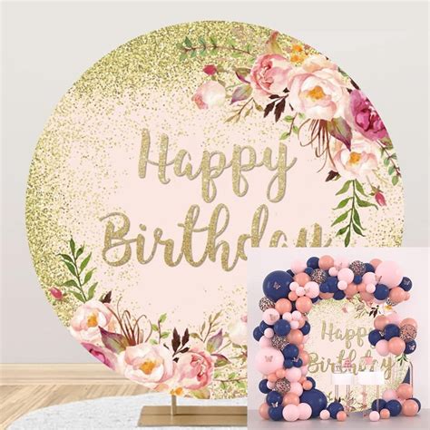 OERJU 6 5x6 5ft Gold Birthday Round Backdrop Cover Pink Rose Flowers