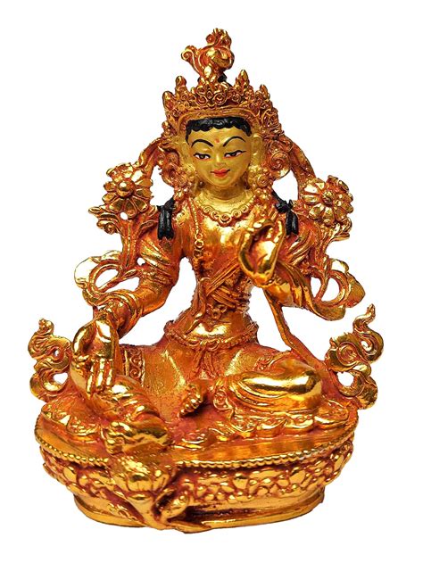 Buddhist Miniature Statue Of Green Tara Full Gold Plated Face Painted