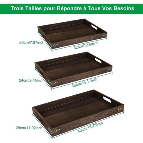 Lot De 3 Plateau De Service Rectangulaire En Bois Avec Poignées