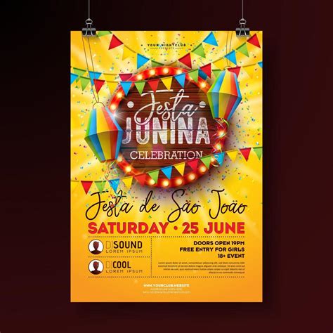 Festa Junina Party Flyer Illustration With Paper Lantern And Retro