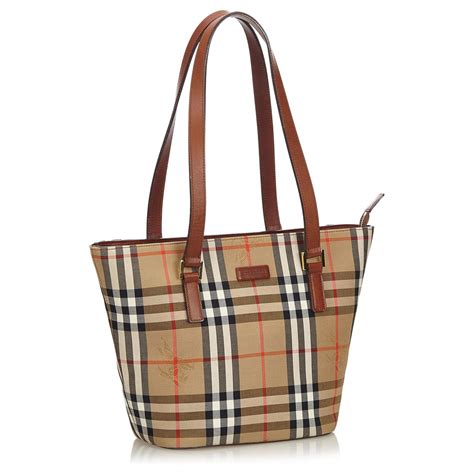 Burberry Sac Cabas En Toile Carreaux Haymarket Cuir Tissu Marron