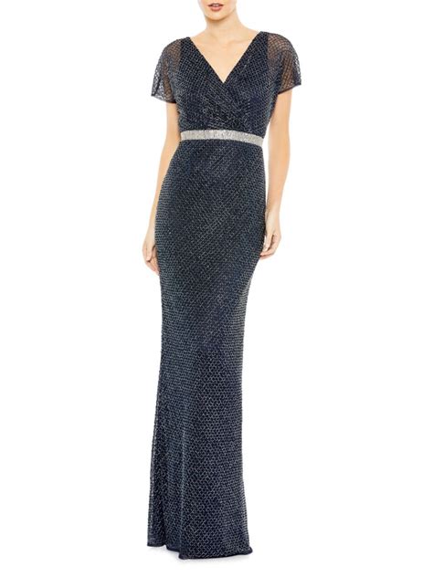 Mac Duggal Womens Beaded Butterfly Sleeve Column Gown In Midnight