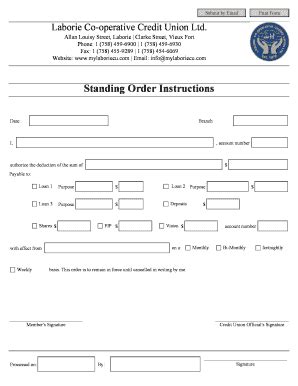 Fillable Online Standing Order Instructions Laborie Credit Union Fax