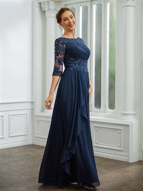 A Line Princess Chiffon Applique Bateau 3 4 Sleeves Floor Length Mother