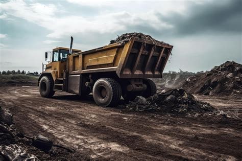 Premium Photo Dump Truck Unloading Construction Debris In Landfill