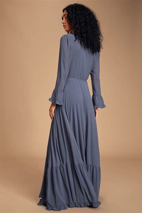 Ways Of Love Slate Blue Chiffon Tiered Wrap Maxi Dress Maxi Dress