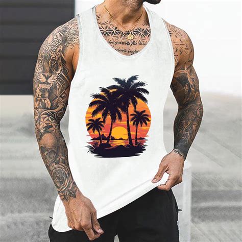 Ts For Men Titcea Tank Tops Men Palm Tree Printed Round Neck