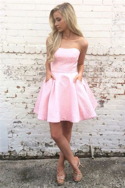 Elegant Strapless Pink Hoco Dresses With Pockets Fashion Party Dresses