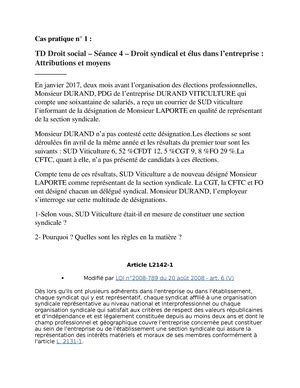 Cas Pratiques Seance 7 Exercice Cas Pratique Droit Social TD Droit