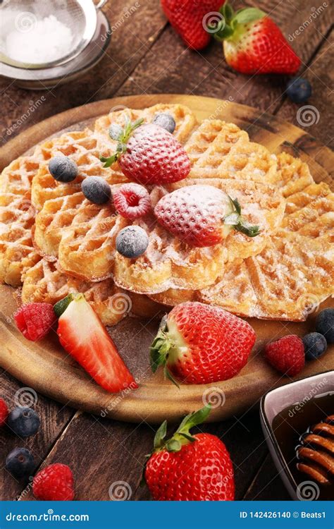 Waffle Traditional Belgian Waffles With Fresh Fruit And Powder Sugar