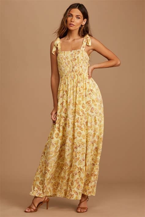 Yellow Floral Print Dress Tie Strap Dress Smocked Maxi Dress Lulus