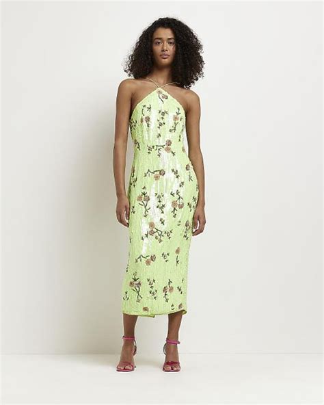 River Island Green Floral Sequin Midi Dress Lyst Canada