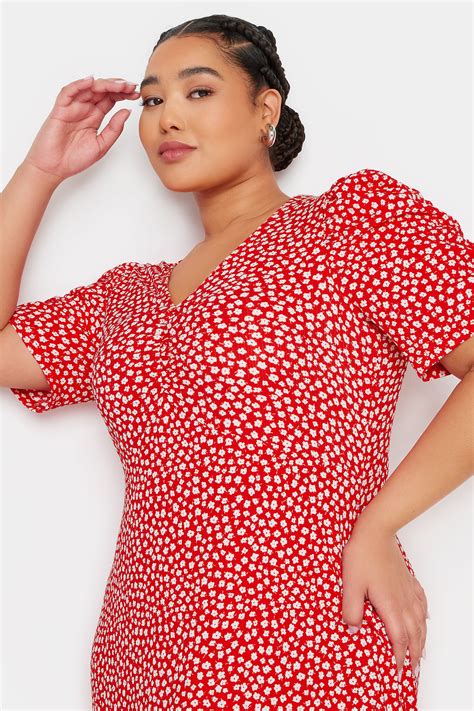 Yours Plus Size Red Floral Print Textured Milkmaid Dress Yours Clothing