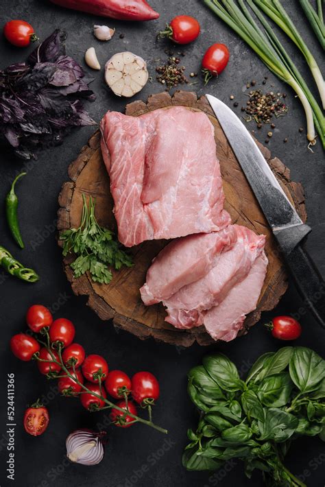 Raw pork neck meat cuts with spices Stock Photo | Adobe Stock