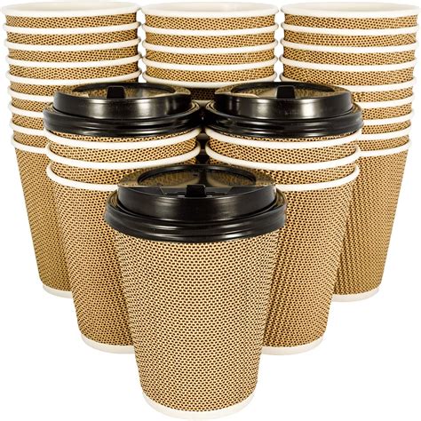 Bulk 12 oz Paper Coffee Cups with Lids - 600 Pack BROWN. Insulated