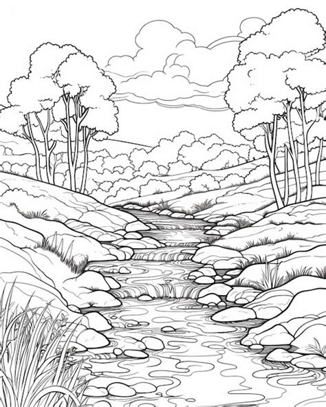 Un Dibujo En Blanco Y Negro De Un Arroyo En Un Bosque Ai Generativo