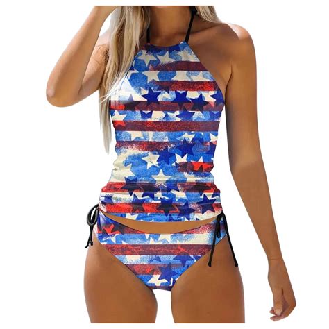 Women 2 Piece Bikini Set Swimsuit Summer Independence Day Flag Print