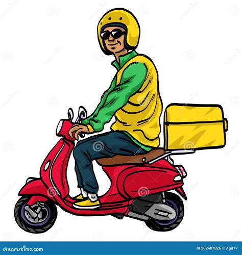 Delivery Man Riding Red Scooter Illustration Cartoon Vector Stock