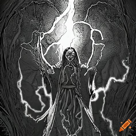 Black And White Artwork Of A Wizard Casting Lightning On Craiyon