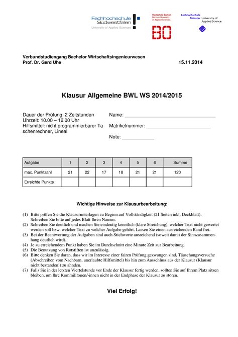 Allgbwl Klausur Grundlagen Prof Dr Gerd Uhe 15 Klausur