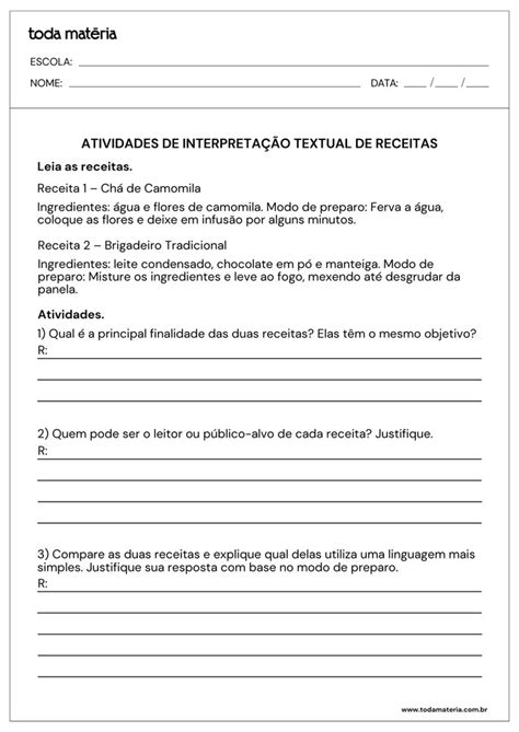 Atividades de interpretação textual de receitas (prontas para imprimir ...