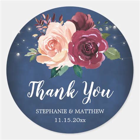 Navy Blush Burgundy Rose Lights Wedding Thank You Classic Round Sticker