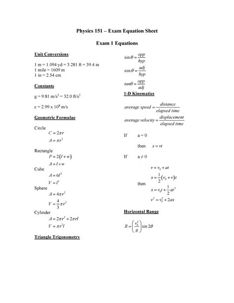 Physics 151 Master Exam Equation Sheet Physics 151 Exam Equation