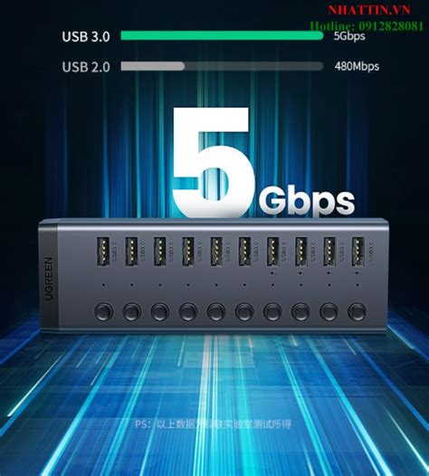 Bộ HUB chia 7 cổng USB 3 0 5Gbps vỏ nhôm công tắc Ugreen 30778 kèm