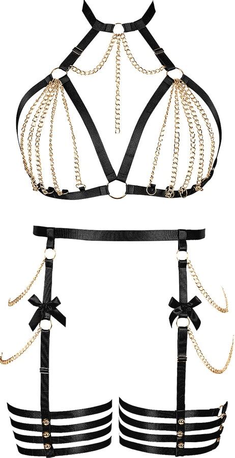 Banssgoth Plus Size Body Harness Women S Bow Lingerie Set Bra Garter