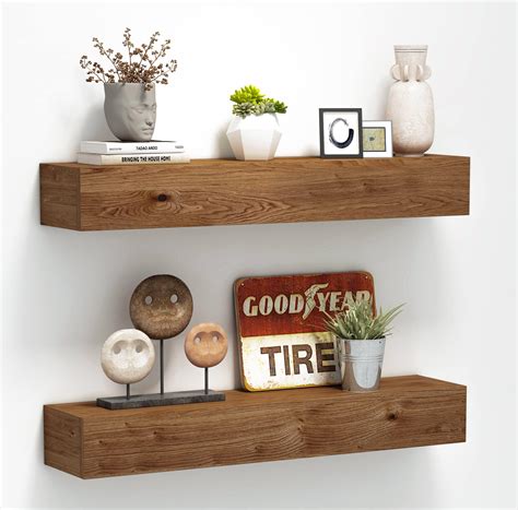 Roorevo Wall Floating Shelves Rustic Wood Wall Shelf Handmade Light Walnut 24