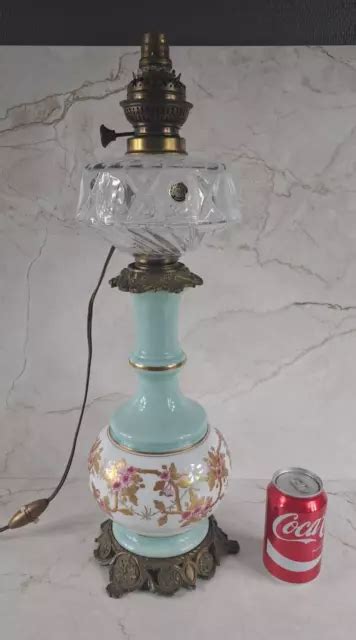 Grande Lampe P Trole Ancienne En Porcelaine Bronze R Servoir Cristal