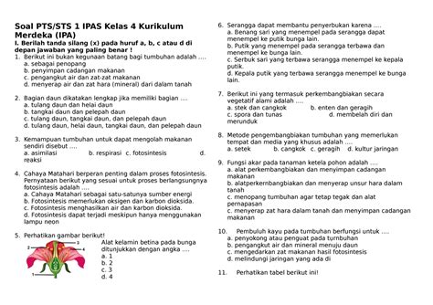 Soal PTS IPAS Kelas 4 SD Kurmer Soal PTS STS 1 IPAS Kelas 4 Kurikulum