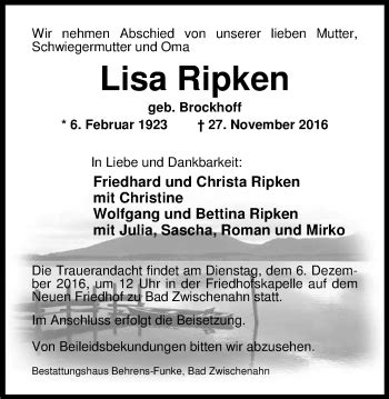 Traueranzeigen Von Lisa Ripken Nordwest Trauer De