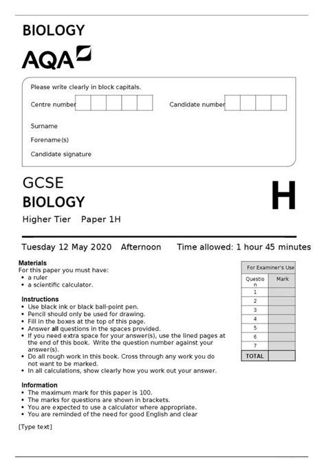 Aqa Gcse Biology 8461 1h Paper 1 Higher Tier Together With Mark Scheme