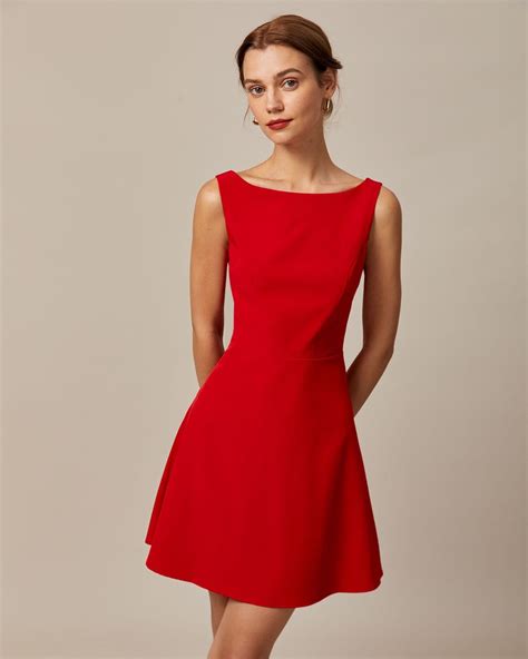 The Red Boat Neck High Waisted Mini Dress Boat Neck Sleeveless A Line Backless Mini Dress