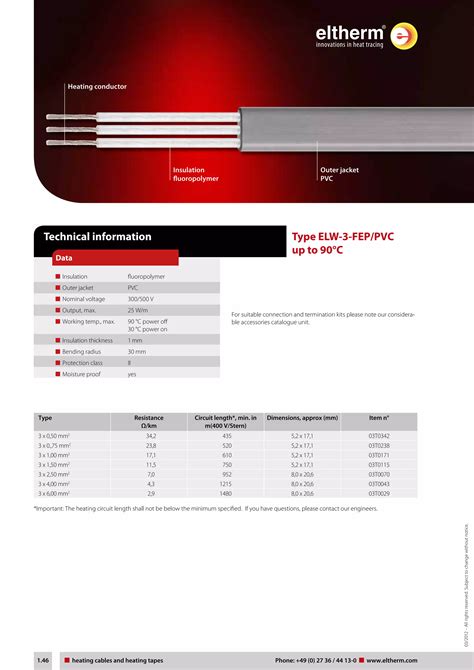 Eltherm ELW 3 FEP PVC Heat Trace Cable Spec Sheet PDF