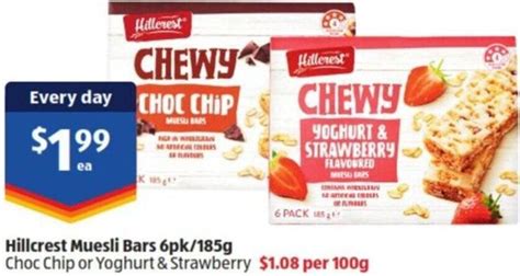 Hillcrest Muesli Bars 6pk 185g Choc Chip Or Yoghurt Strawberry Offer