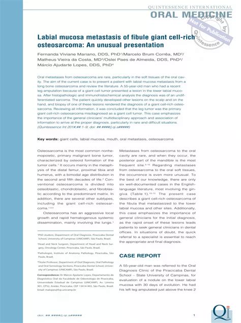 PDF Labial Mucosa Metastasis Of Fibule Giant Cell Rich Osteosarcoma