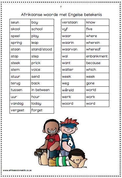 Grade 1 Afrikaans Spelling Words