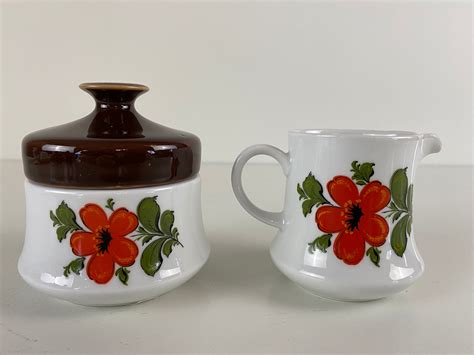 Schumann Arzberg Sugar Bowl And Creamer Orange Flower Design Vintage