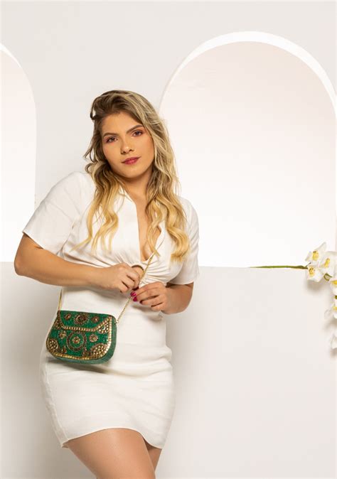 Bolsa Feminina Metal Indiano Dourada Pedra Verde Phexo Bolsas