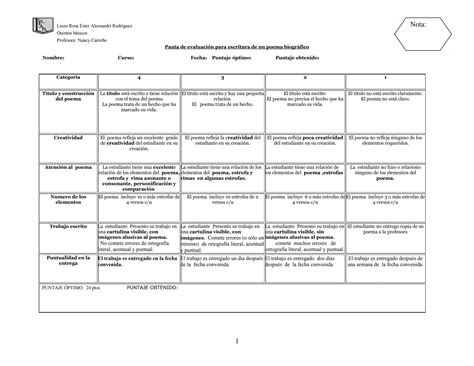 Rubrica Para Evaluar Poema Biografico Ppt