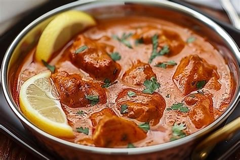 Traditional Indian Butter Chicken Curry And Lemon Served Iron Premium