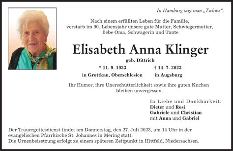 Traueranzeigen von Elisabeth Anna Klinger Allgäuer Zeitung