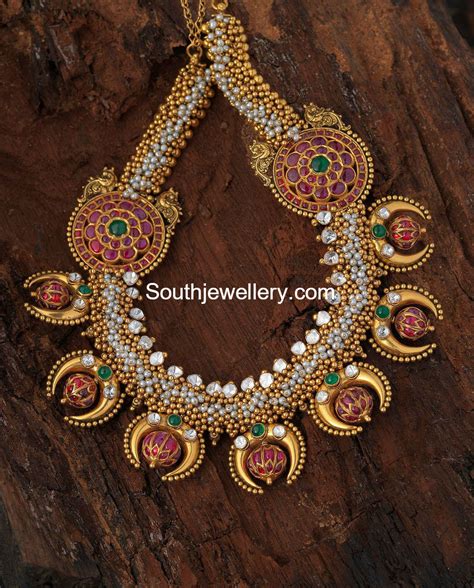 Ruby And Pearls Antique Gold Necklace Jewellery Designs