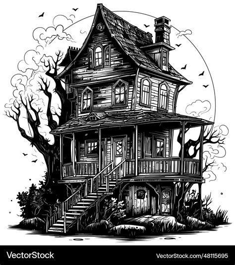 Haunted house linocut Royalty Free Vector Image