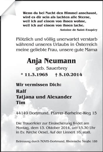 Traueranzeigen Von Anja Neumann Trauer In NRW De