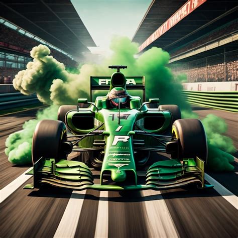 Premium AI Image | A Green F1 car in a Track With Green Smokes on Tyres