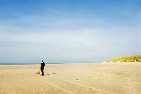 Hombre Mayor Con Su Perro En La Playa Foto De Archivo Imagen De