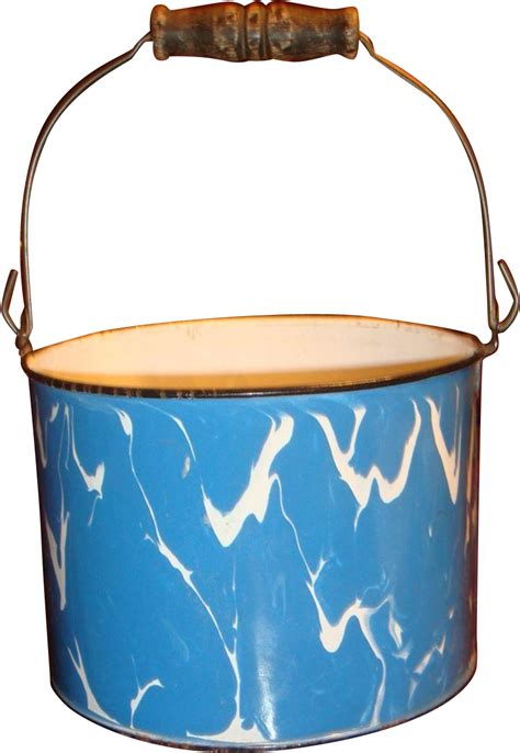 Large Blue White Swirl Graniteware Bucket Wooden Bale Fictional